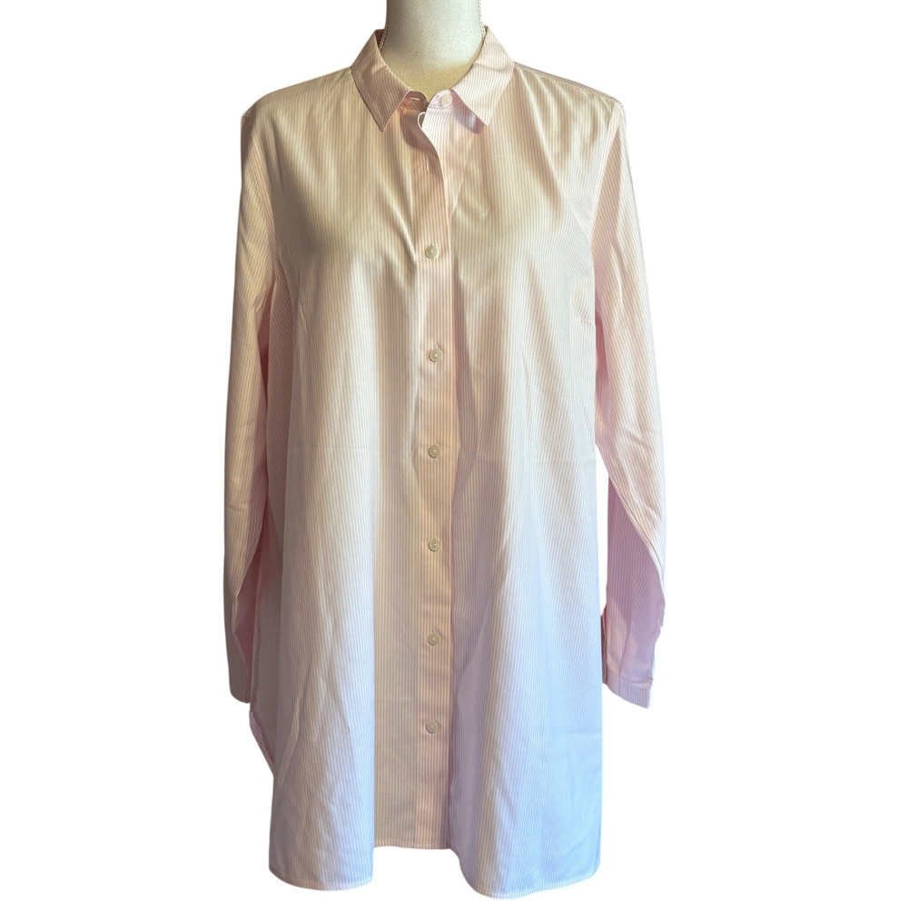 J. Jill NWT Non-Iron Pinstripe Tunic Pink White Large Boyfriend Shirt Preppy